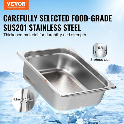 VEVOR 8 Pack Hotel Pans with Lids, 1/2 Size Anti-Jam Steam Pan, 0.8mm Thick Stainless Steel Steam Table Pan, 4-Inch Deep Commercial Table Pan, Catering Storage Food Pan, for Industrial & Scientific