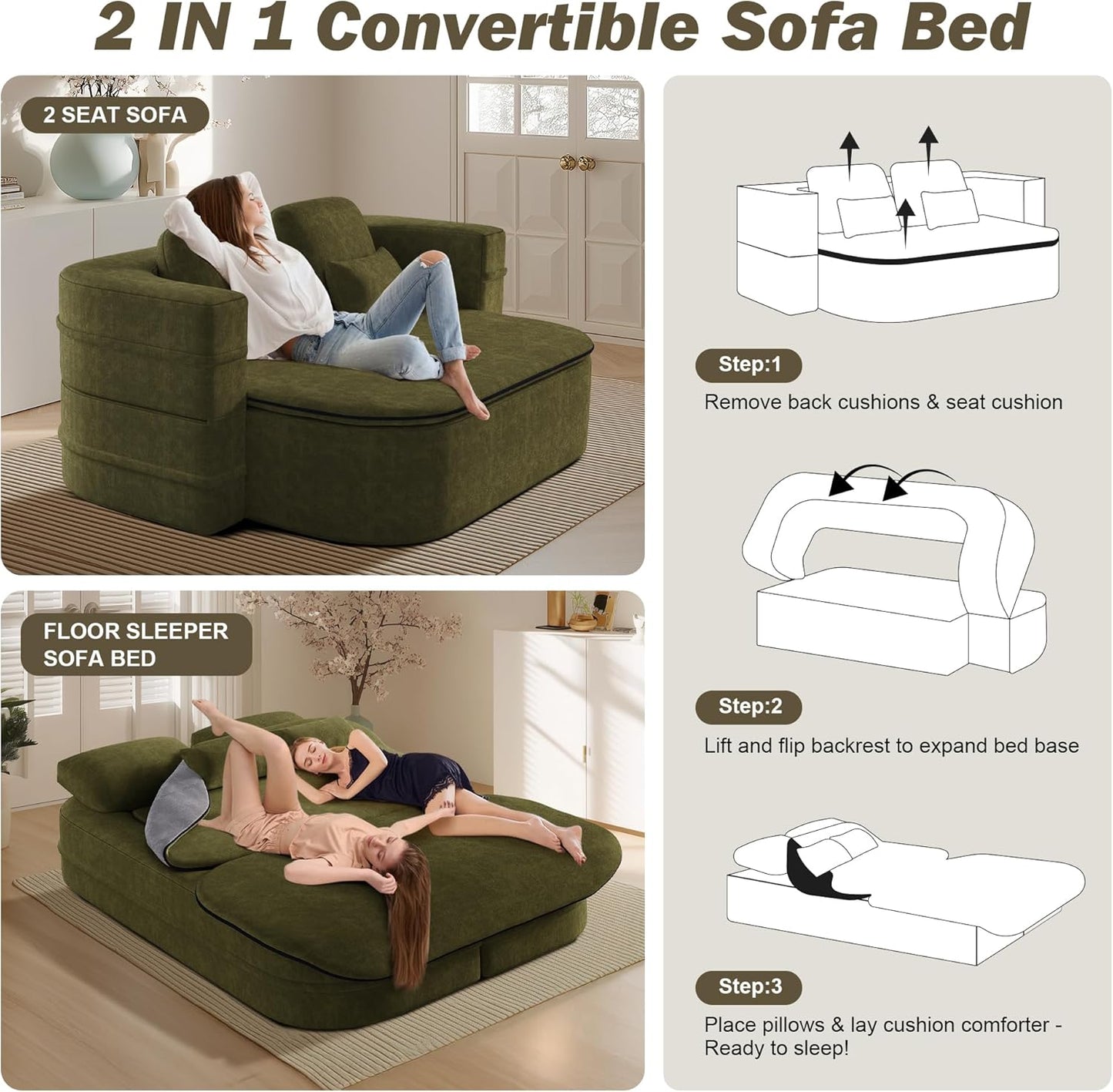 75'' Folding Sleeper Sofa Bed, Convertible Memory Foam Boneless Couch, Foldable Full Size Guest Bed, Modern 2-in-1 Futon Floor Sleeper Sofa with 4 Pillows and Blanket (Chenille, Green1)