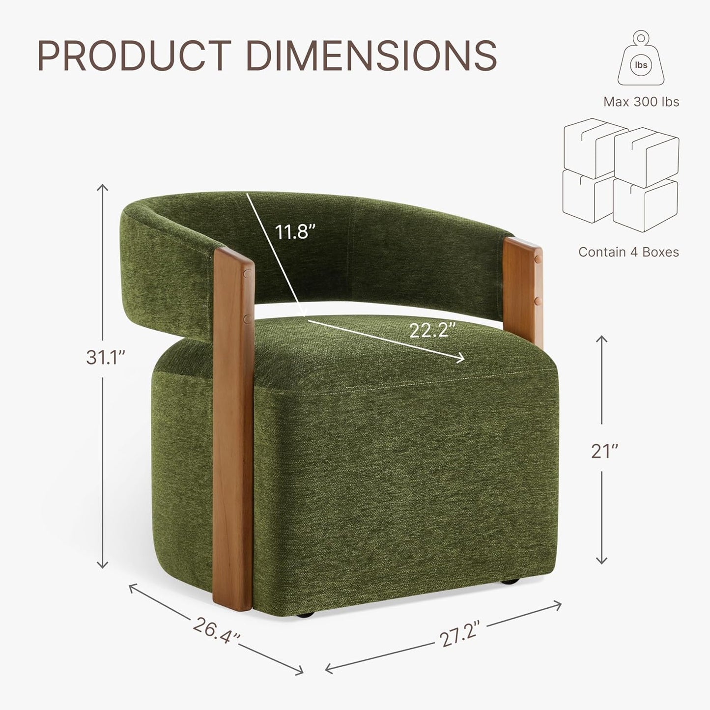 KISLOT Upholstered Dining Chairs with Casters, Modern Barrel Side Armchair with Rollers & Wooden Armrest for Dining Room, Bedroom, Kitchen, Reading Room, Green, Set of 4