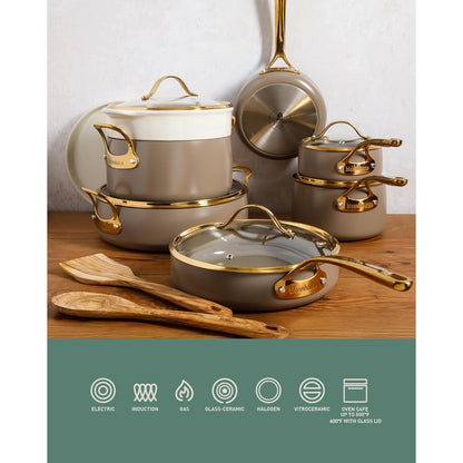Bloomhouse - Two Time Oprah's Favorite Things Winner - 15 Piece Pots and Pans Heavy Duty Aluminum Premium PFA Free Ceramic Nonstick Dutch Oven Pot with Lid - Cappuccino Cream with Gold Handle