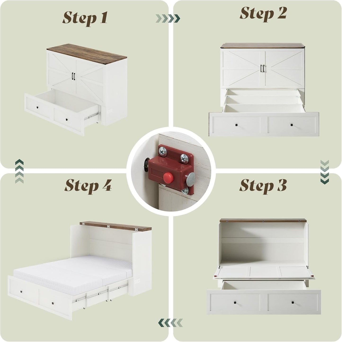 LUXOAK Queen Murphy Bed with 6" Tri-Fold Memory Foam Mattress, Storage Drawer & Charging Station, Space-Saving Design for Home Office or Guest Room, White