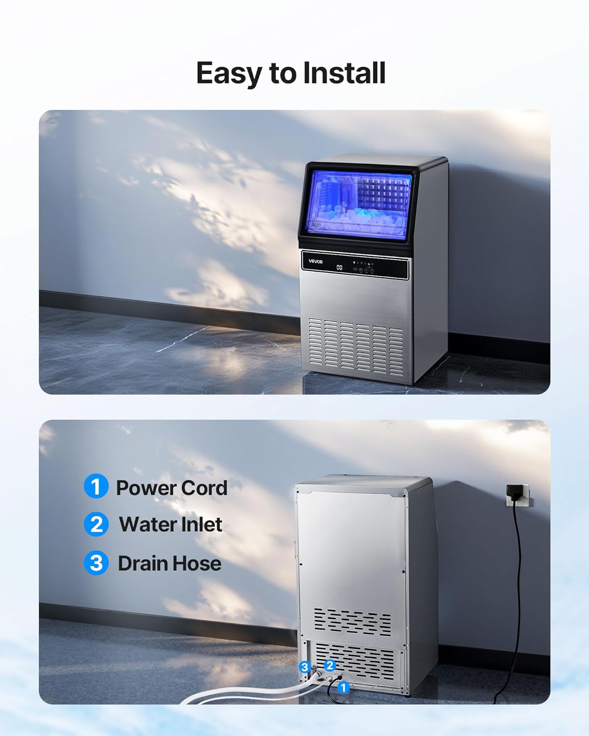 VEVOR Commercial Ice Maker Machine, 130Lbs/24H with 33Lbs Storage, 45 Cubes per Cycle, Stainless Steel Freestanding & Under Counter Ice Maker with LED Display & Self-Cleaning, for Home Bar Restaurant