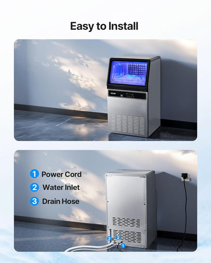 VEVOR Commercial Ice Maker Machine, 130Lbs/24H with 33Lbs Storage, 45 Cubes per Cycle, Stainless Steel Freestanding & Under Counter Ice Maker with LED Display & Self-Cleaning, for Home Bar Restaurant