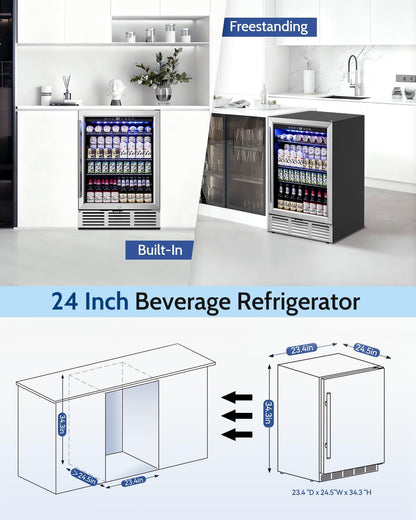 Feelfunn 24 inch Beverage Refrigerator - 180 Cans Under Counter Beverage Fridge with Glass Door & Safety Lock for Beer Wine Soda, Built-in or Freestanding Drink Fridge for Home Office Kitchen or Bar