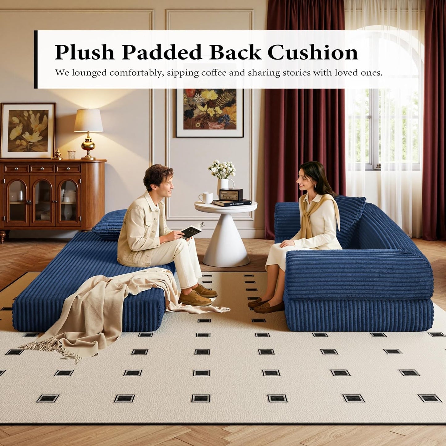 Boneless Couch Versatile Couches for Living Room No-Install Sofa Bed Corduroy Futon Soft Cloud Couch with Pillows for Bedroom Game Movie (Dark Blue, 76")