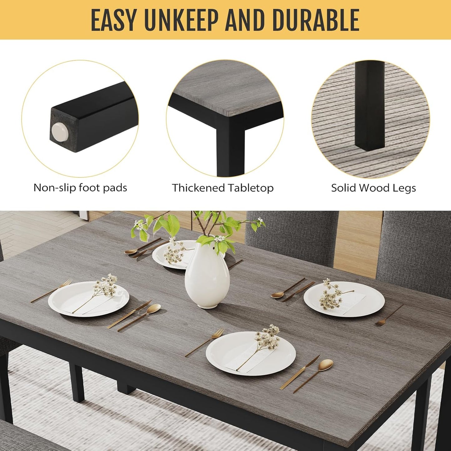 Zevemomo 6-Piece Solid Wood Dining Table Set, Including 1 Dining Table, 4 Upholstered Chairs and 1 Bench, Wooden Legs Dining Table Set for Dining Room, Kitchen, Restaurant, Dark Grey