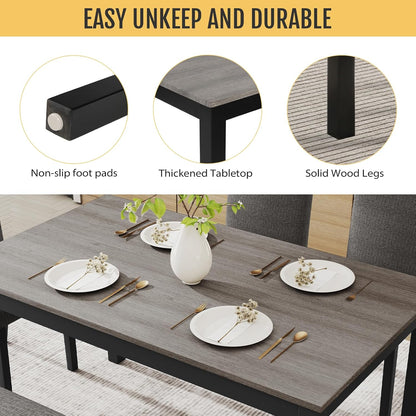 Zevemomo 6-Piece Solid Wood Dining Table Set, Including 1 Dining Table, 4 Upholstered Chairs and 1 Bench, Wooden Legs Dining Table Set for Dining Room, Kitchen, Restaurant, Dark Grey