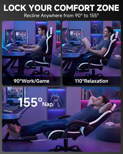 GTPLAYER Gaming Chair for Adults, Ergonomic Computer Gaming Chair with Footrest, Height Adjustable, 90-155° Recline & Removable Headrest Lumbar Support, Snow White