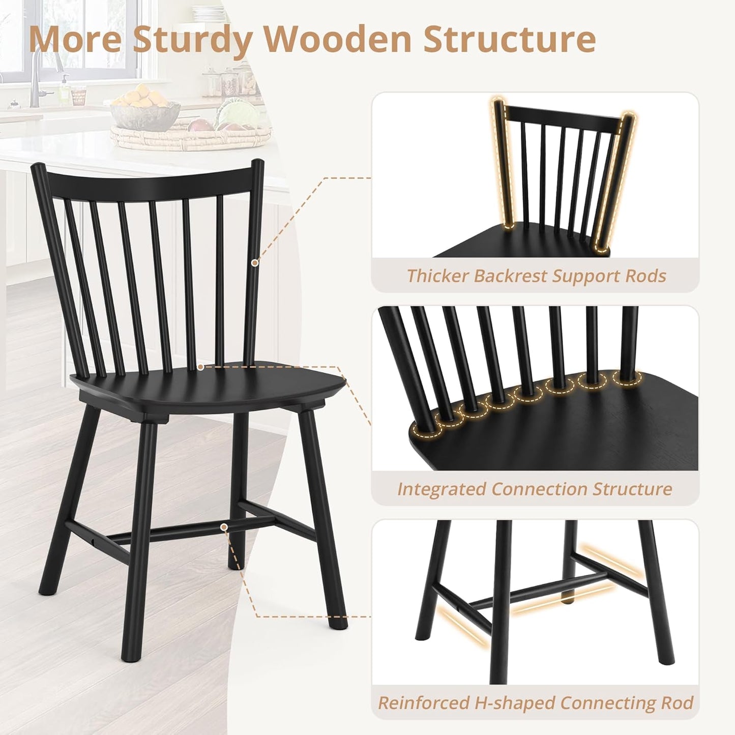LUE BONA Upgraded Dining Chairs Set of 8, Farmhouse Wooden Spindle Back Kitchen Chairs, Windsor Dining Chairs for Kitchen and Dining Room, Black