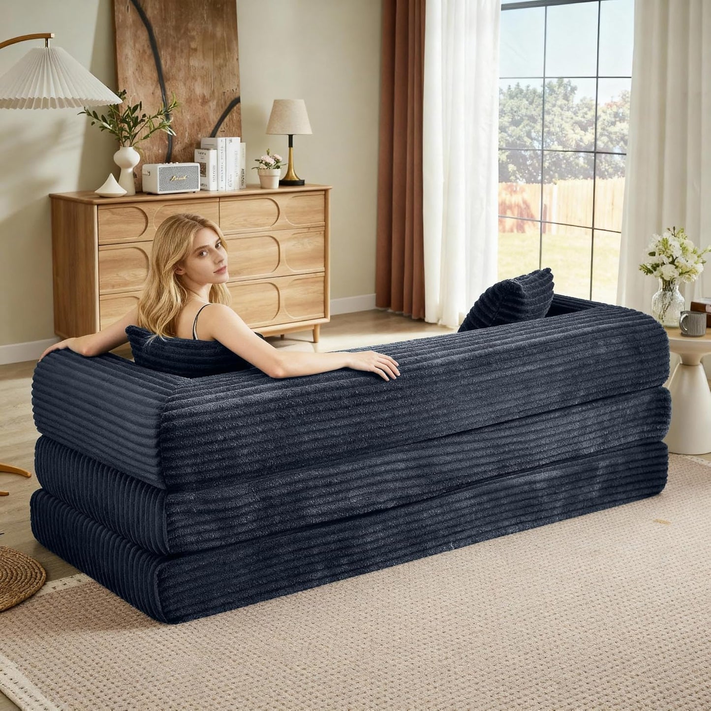 Boneless Couch Versatile Couches for Living Room No-Install Sofa Bed Corduroy Futon Soft Cloud Couch with Pillows for Bedroom Game Movie (Dark Gray, 76")