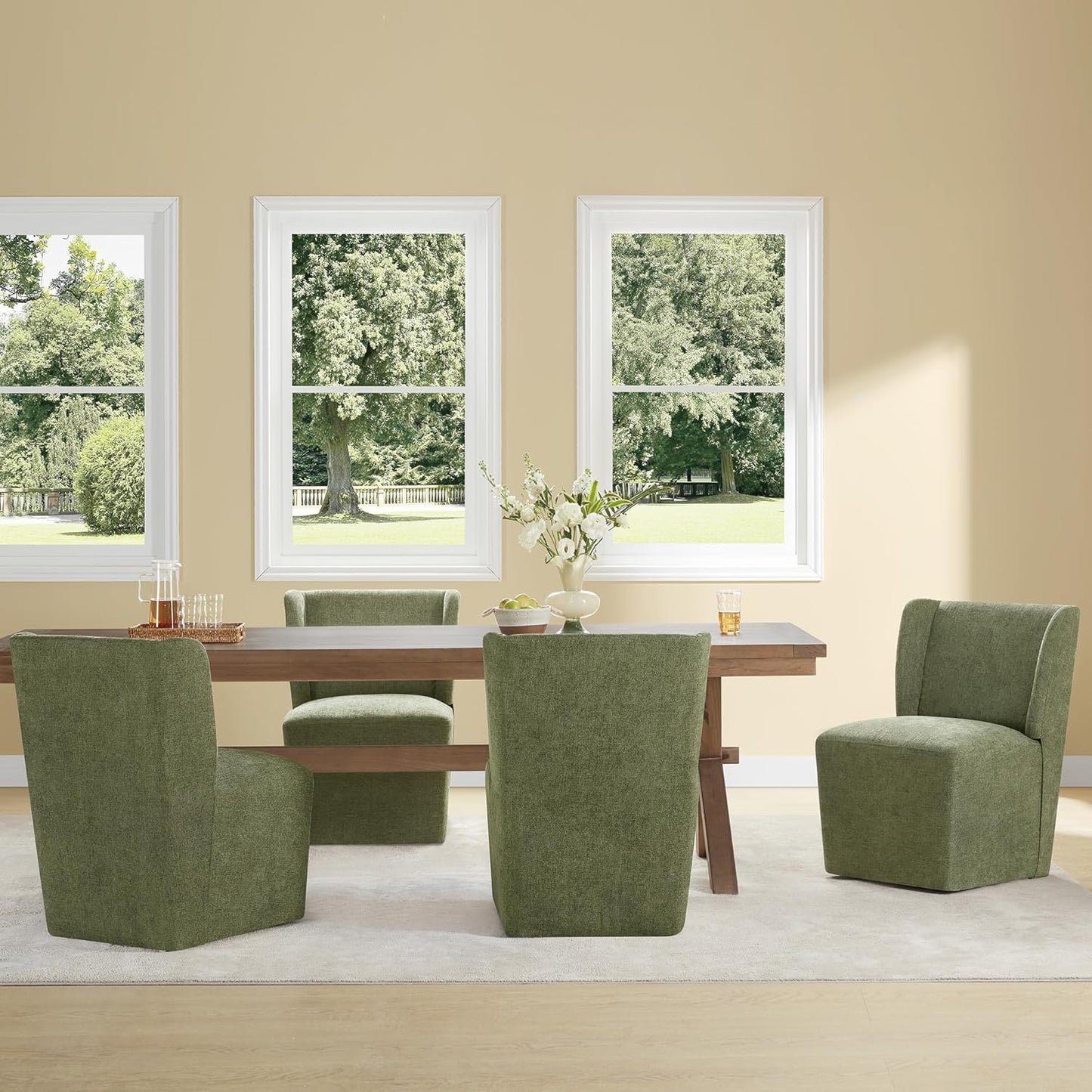 KISLOT Upholstered Dining Chairs Set of 4 with Casters, Wingback Modern Side Armless Deskchair with Rollers for Diningroom Bedroom Livingroom Reading Room, Green Fabric