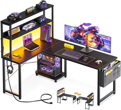 ODK 53 Inch L Shaped Gaming Desk with LED Lighting, Reversible Desk with Power Outlets, Cornor Computer Table with Storage Shelves & Bag & Iron Hook, Home Office Table for Writing, Study, Black