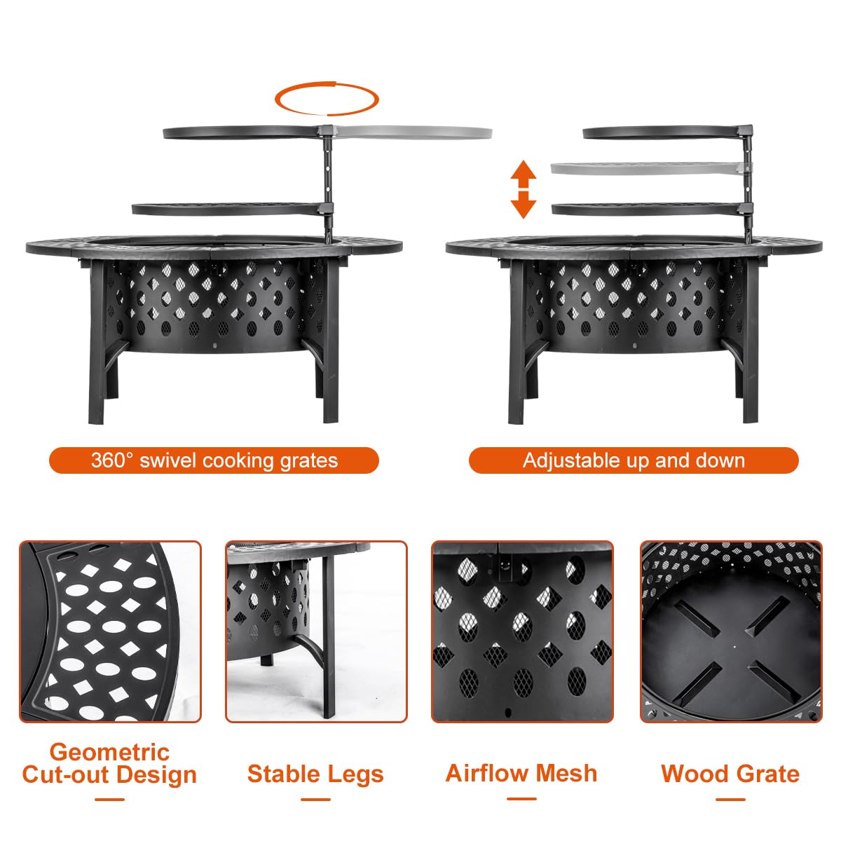 OUTVUE 36 Inch Fire Pit with 2 Grills & Waterproof Cover