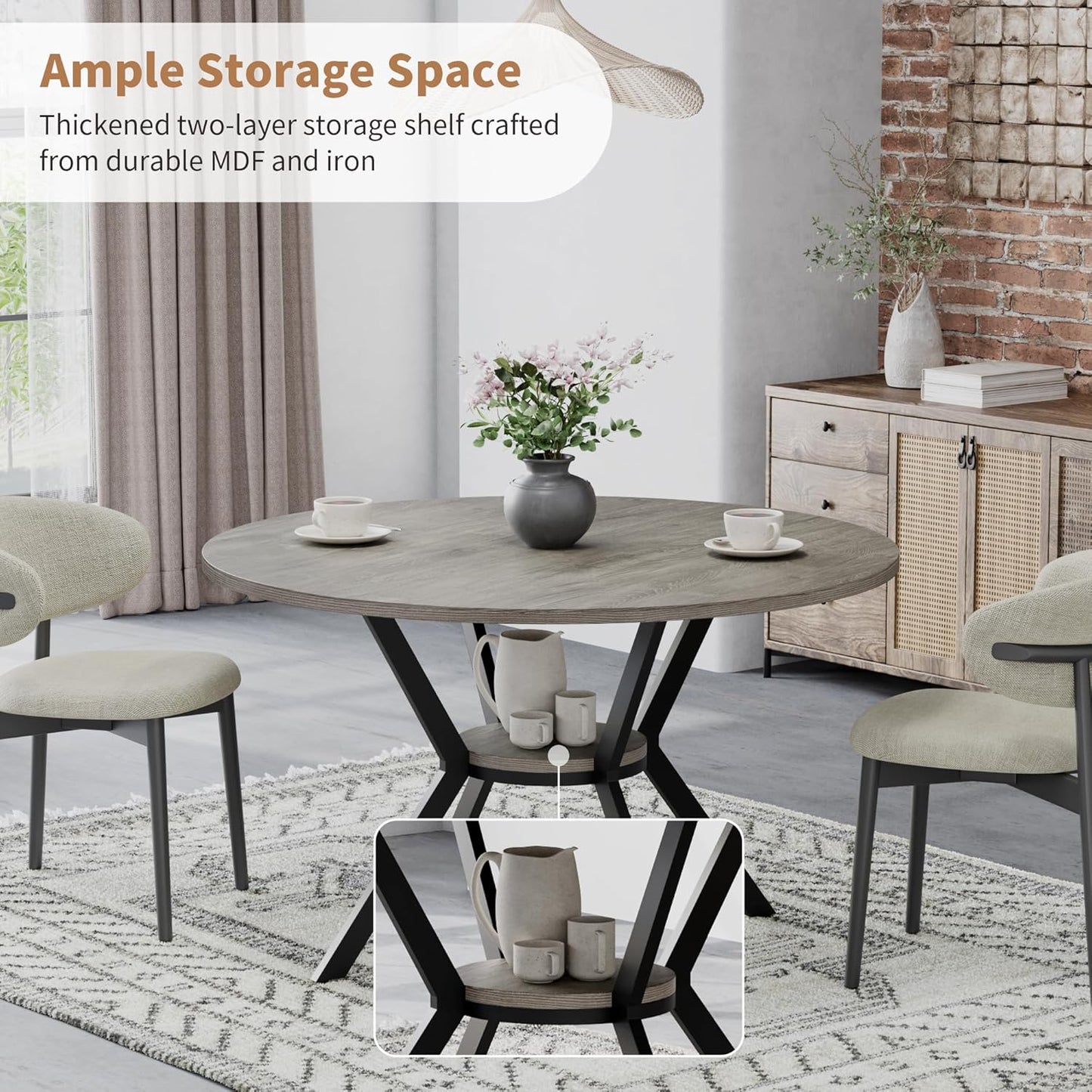 Round Dinner Table for 2-4, 42 Inch Kitchen & Dining Room Table with Storage, Wooden Circle Dining Table, Mid Century Modern Dining Table with Metal Legs for Kitchen, Living Room, Dining Room, Grey