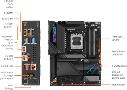 GIGABYTE X870E AORUS PRO AMD AM5 LGA 1718 Motherboard, ATX, DDR5, 4X M.2, PCIe 5.0, USB4, WIFI7, 2.5GbE LAN, EZ-Latch, 5-Year Warranty