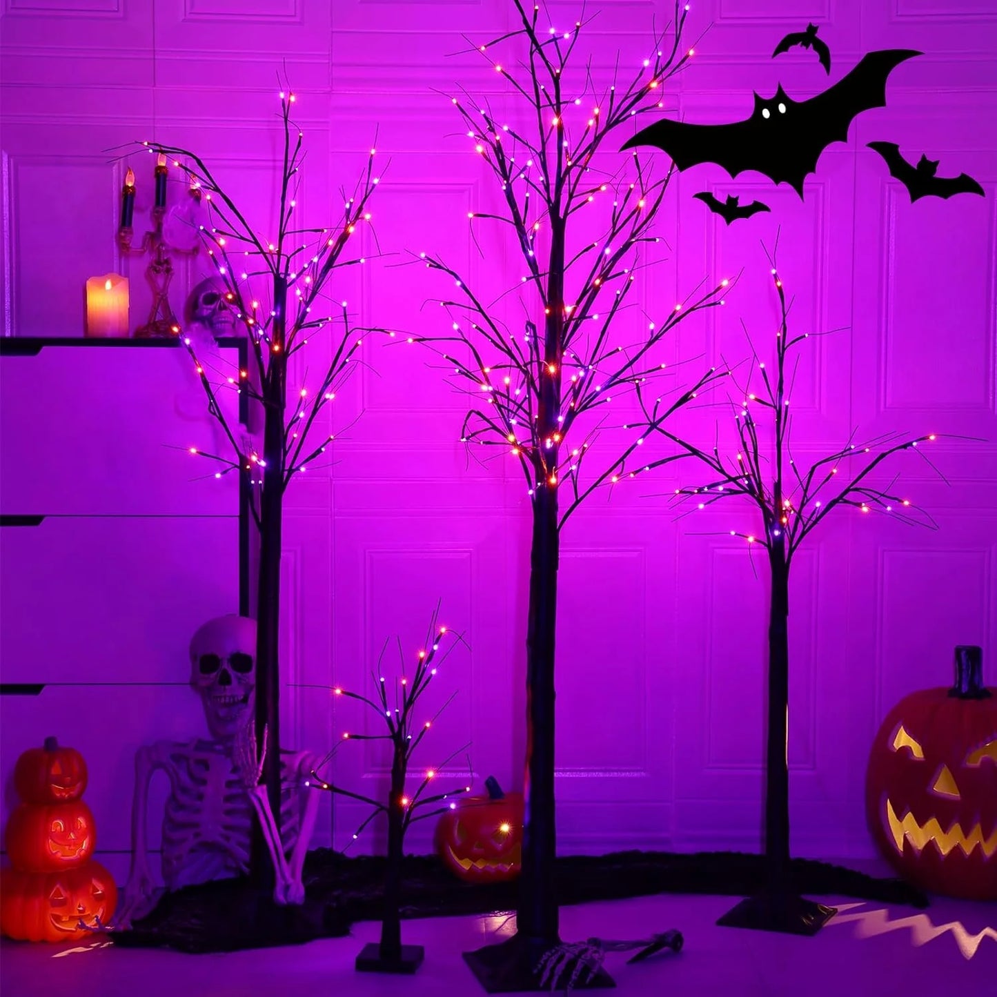 Set of 3 Glowing Black Halloween Trees with 96 LED Lights