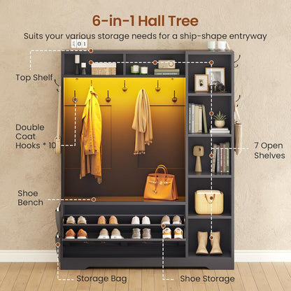 Itaar Hall Tree with Bench and Shoe Storage, Farmhouse Entryway Bench with Coat Rack, Shoe Cabinet with Flip Drawers, 7 Shelves, 10 Coat Hooks, Storage Bag, Led Lights, Black