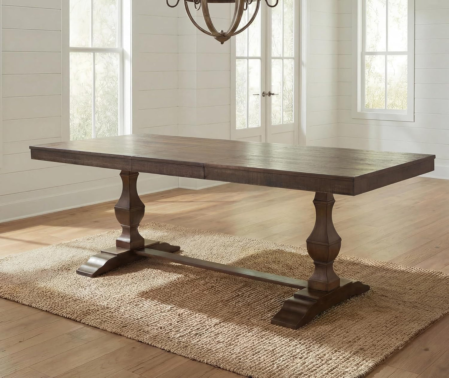 WAMPAT 74.8-inch Long Vintage Farmhouse Dining Table for 6-8 People,Sturdy Wooden Frame,Weathered Textured Tabletop,Solid Wood Double Pedestal Legs with T-Shaped Feet,Non-Extendable,Dark Walnut Brown