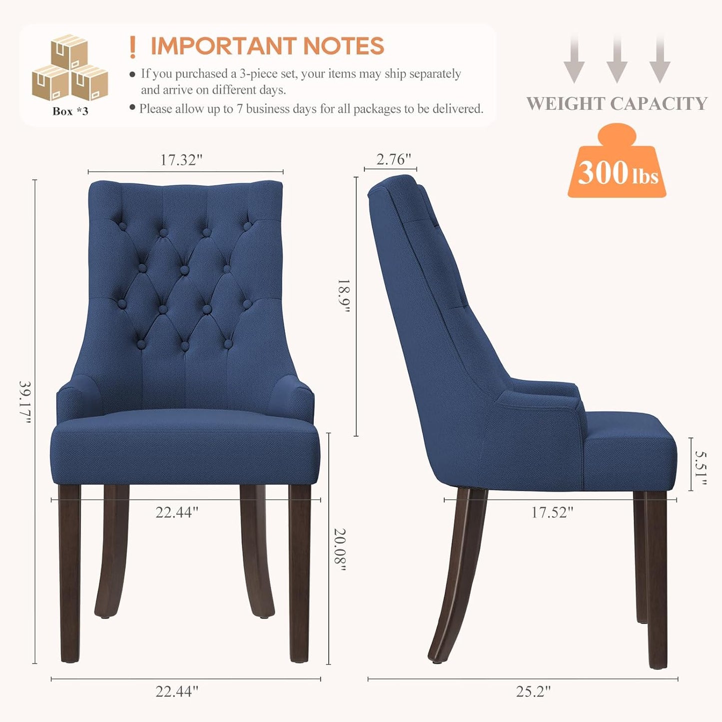COLAMY Wingback Upholstered Side Dining Room Chairs Set of 6, Fabric Dining Chairs with Tufted Button, Living Room Chairs for Home Kitchen, Blue