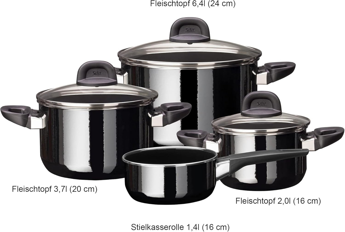 Silit Modesto Line 4-Piece Saucepan Set with Glass Lids Silargan Functional Ceramic Induction Saucepan Black