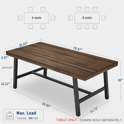 GarveeHome Industrial Dining Table for 6-8 People, 70.87" Long Large Kitchen Table with Sturdy Metal Frame, Rectangular Counter for Dinner, Kitchen, Dining Room (Brown, 71" Non-extendable)