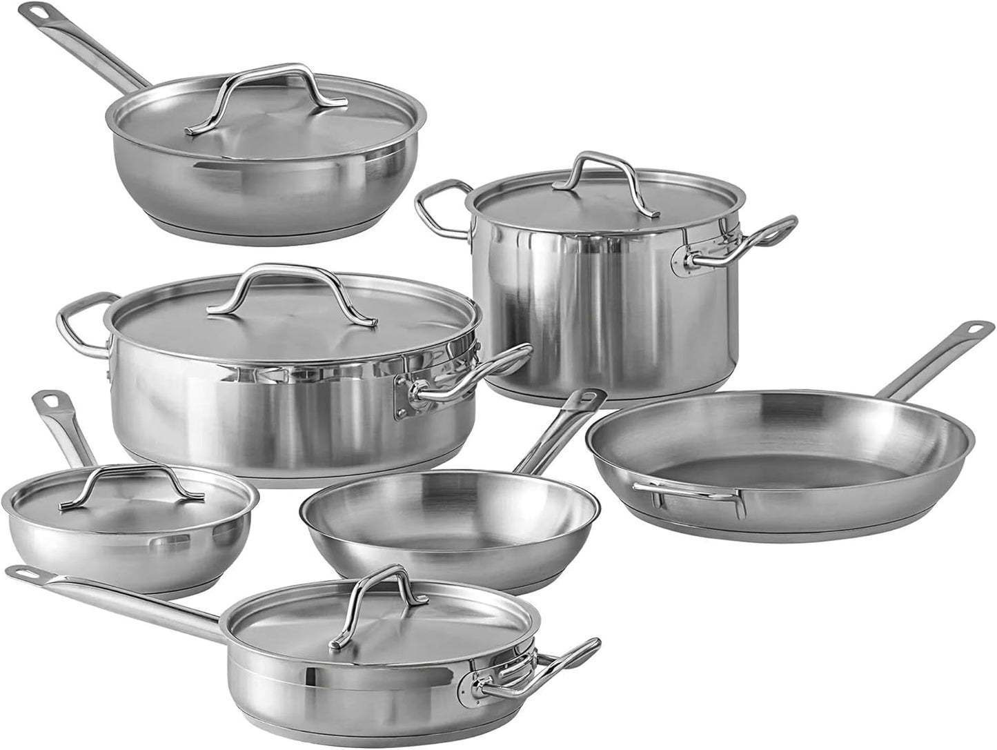 Stainless Steel Cookware Set, 2 Sauciers, 3-Quart Saute, 10-Quart Brazier, 2 Frying Skillets, 8-Quart Stockpot, Induction Cookware Set (12 Pieces)