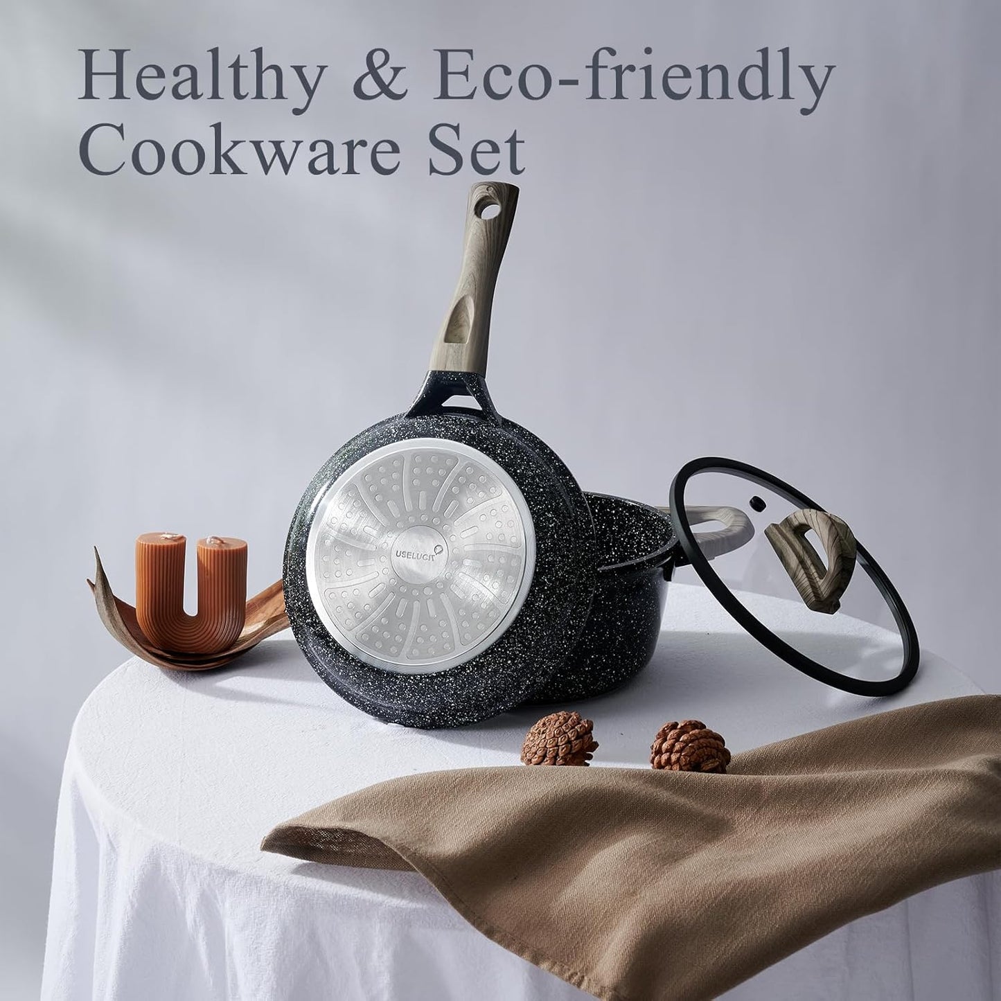 Ceramic Cookware Set 22 Piece Nonstick Pots and Pans Set Non Stick Kitchen Cooking Sets 8"Frying Pans with Lid,Black Granite Non-Toxic Induction Kitchen Cookware w/Glass Lids PFOS/PFOA-Free
