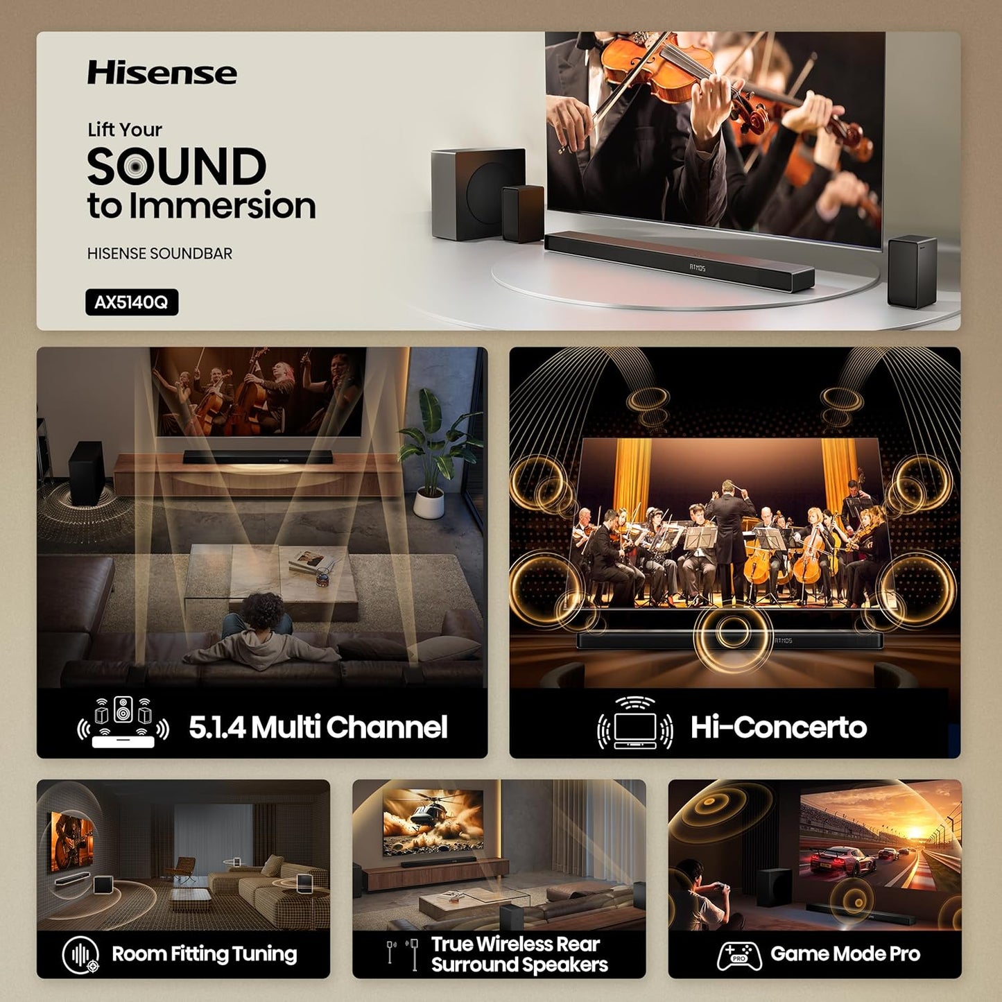 Hisense AX5140Q 5.1.4Ch Sound Bar with Wireless Subwoofer, Dolby Atmos, DTS:X, Bluetooth 5.3, Roku TV Ready, HDMI/AUX/ARC/Optical/USB, EzPlay, 7 EQ Modes, Hi Concerto, Room Calibration