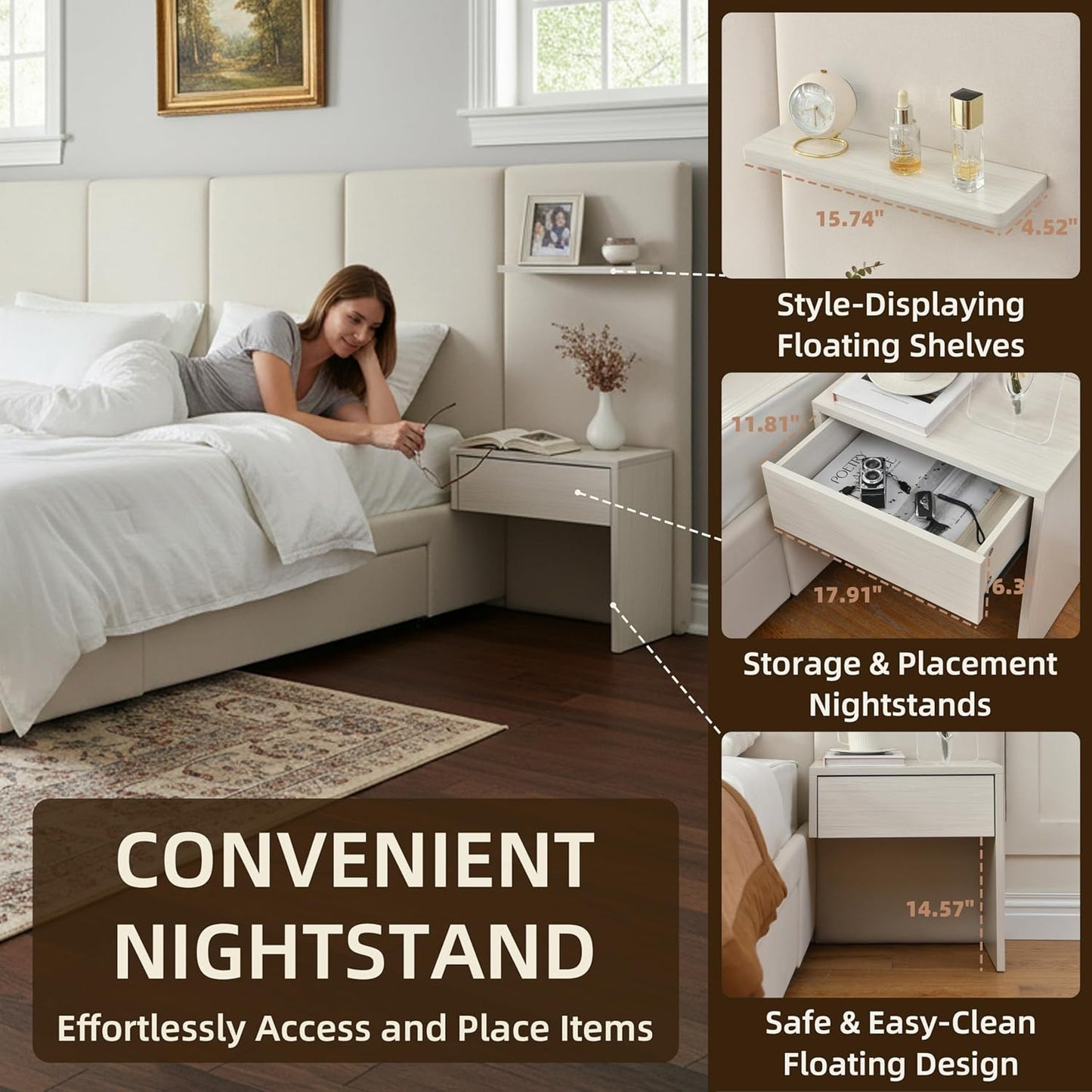 King Bed Frame with Storage & Built-in Nightstands, Velvet Upholstered Platform Bed Frame with Drawers & 2 Floating Storage Shelves, Noise-Free, No Box Spring Needed, Easy Assembly, Beige
