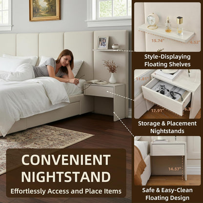 King Bed Frame with Storage & Built-in Nightstands, Velvet Upholstered Platform Bed Frame with Drawers & 2 Floating Storage Shelves, Noise-Free, No Box Spring Needed, Easy Assembly, Beige