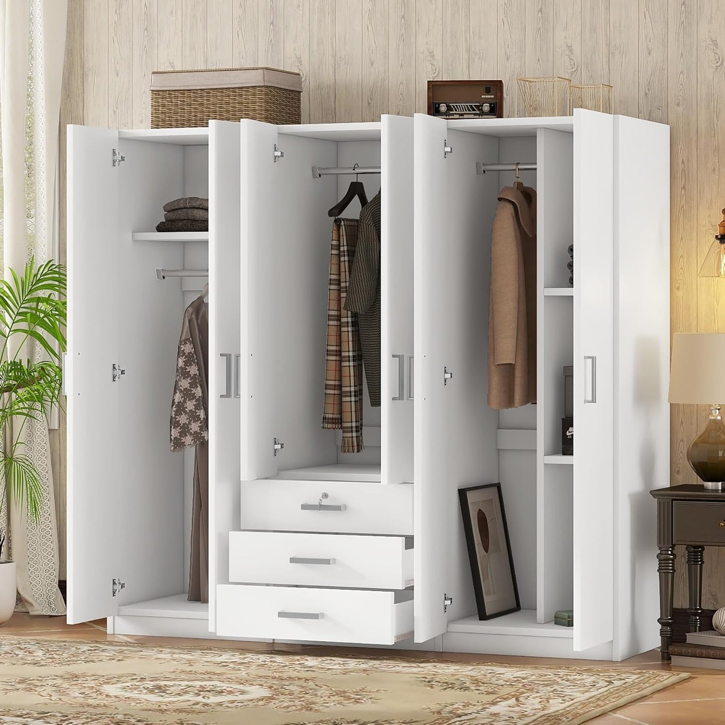 Merax Large White 6 Doors Wooden Wardrobe, Bedroom Tall Armoire Closet Organizer with Big Drawers, Hanging Rails and Shelves, Clothes Storage Cabinet for Garage & Laundry Room, White