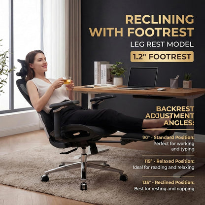 Ergonomic Office Chair with Footrest & 3D Massage Lumbar Support, Adjustable Seat Depth & Back Height,Big and Tall,400lbs, 4D Headrest, 6D Armrests, Reclining Office Chair for Home Office (Black)