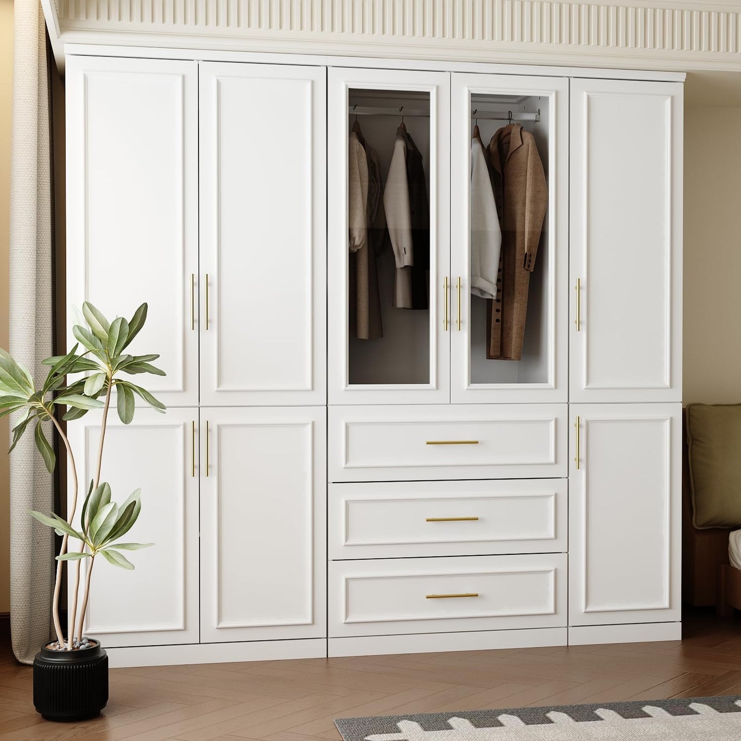 FUFU&GAGA Wardrobe Closet Collection with Doors, Modern White Bedroom Armoire System with Gold Handles, Modern Clothes Storage Cabinet with Drawers, Shelves, Hanging Rods, 79.1”W x 19.3”D x 74.8”H