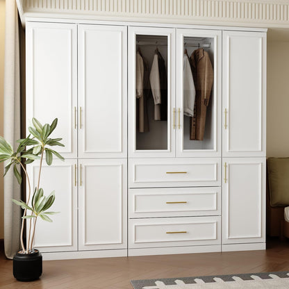 FUFU&GAGA Wardrobe Closet Collection with Doors, Modern White Bedroom Armoire System with Gold Handles, Modern Clothes Storage Cabinet with Drawers, Shelves, Hanging Rods, 79.1”W x 19.3”D x 74.8”H