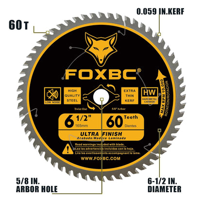 FOXBC 6-1/2 inch Circular Saw Blade Ultra Fine Finish 60-Tooth for Wood Cutting, Thin-Kerf with 5/8" Arbor