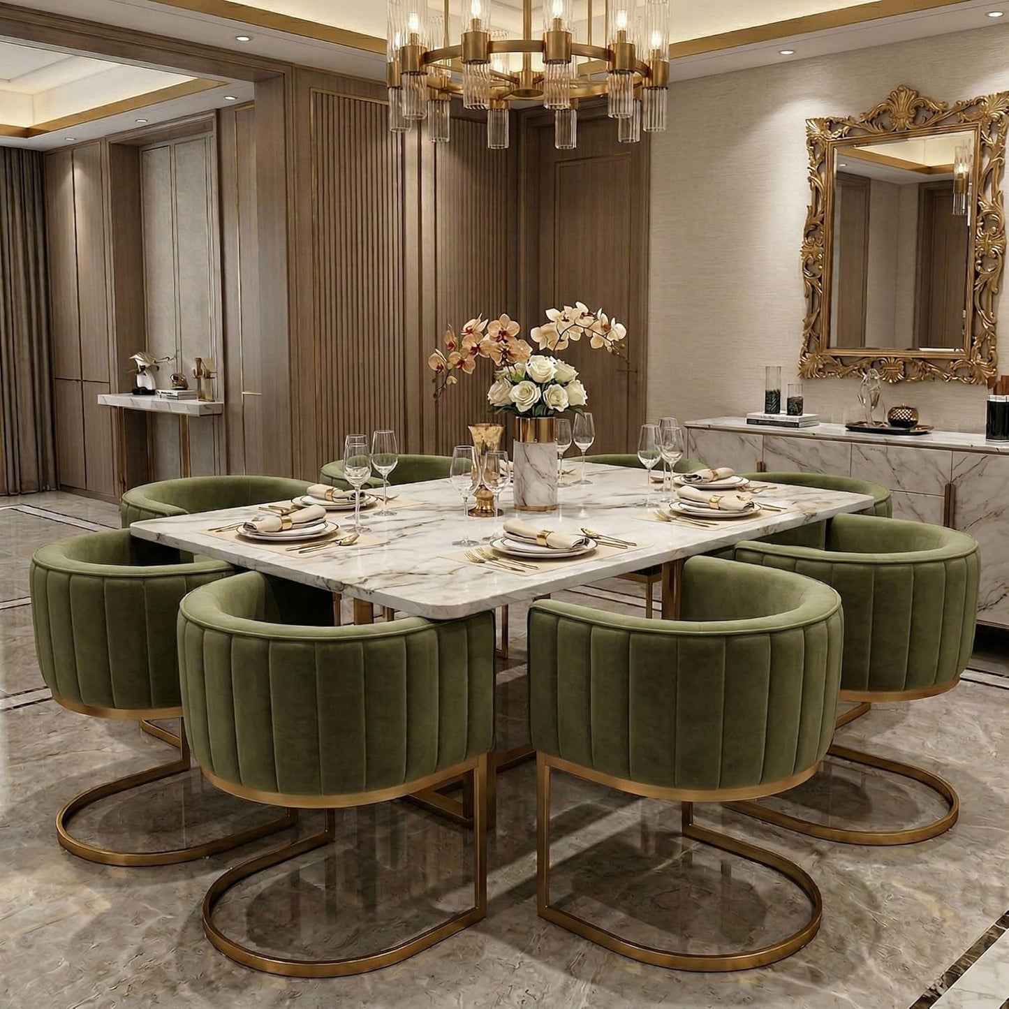 Hyfirm Olive Green and Gold Modern Barrel Dining Room Chairs Set of 4, Velvet Upholstered Accent Chairs with Curved Back for Kitchen Island, Luxury Comfort Seating Cantilever Metal Frame