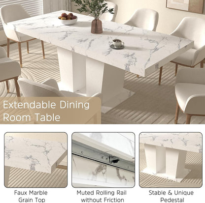 Henf 7 Pieces Faux Marble Dining Table Set for 6, 63"-79" Extendable Dining Room Table and 6 Grey Tufted Chairs Set for 6, Modern Large Expandable Kitchen Table with White Double Columns Base