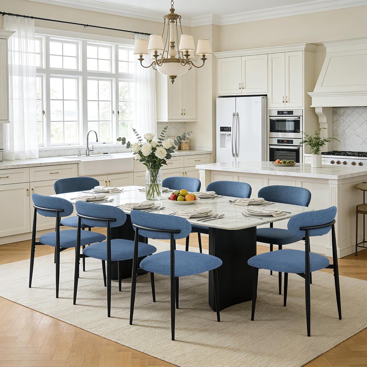 FREKEN Modern Upholstered Dining Chairs Set of 8, Mid-Century Metal Frame Linen Fabric Side Chair for Kitchen Dining Room, 350lbs Capacity, Blue