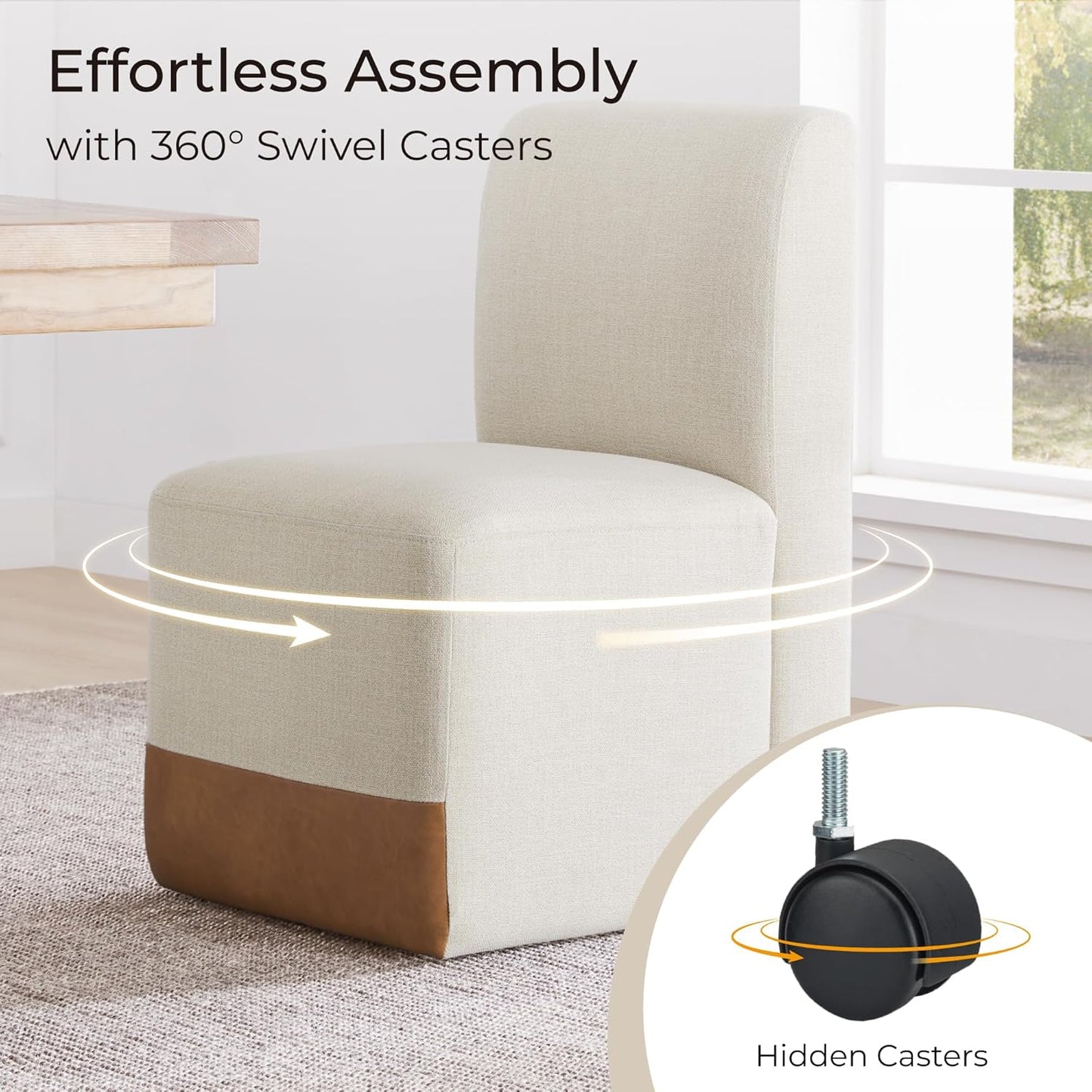 CHITA Dining Chairs with Casters Set of 4, FSC Certified Upholstered Armless Modern Rolling Dining Chairs with Rollers for Bedroom Reading Room Living Room, Linen & Cognac Faux Leather Patchwork