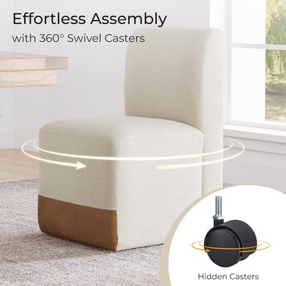 CHITA Dining Chairs with Casters Set of 4, FSC Certified Upholstered Armless Modern Rolling Dining Chairs with Rollers for Bedroom Reading Room Living Room, Linen & Cognac Faux Leather Patchwork