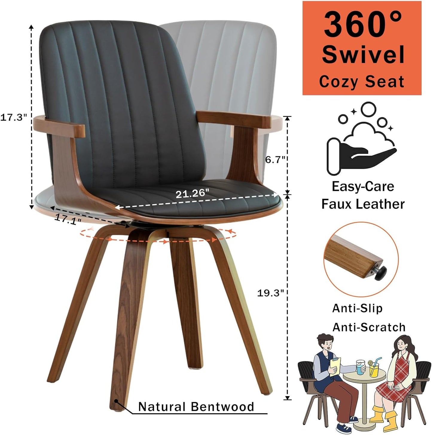 WUPOTO Swivel Dining Chairs, Set of 6 Kitchen Swivel Chairs with Walnut Craftsmanship, Upholstered Faux Leather, Wooden Arms and Legs, Walnut Dining Chairs for Kitchen/Living Room - Black