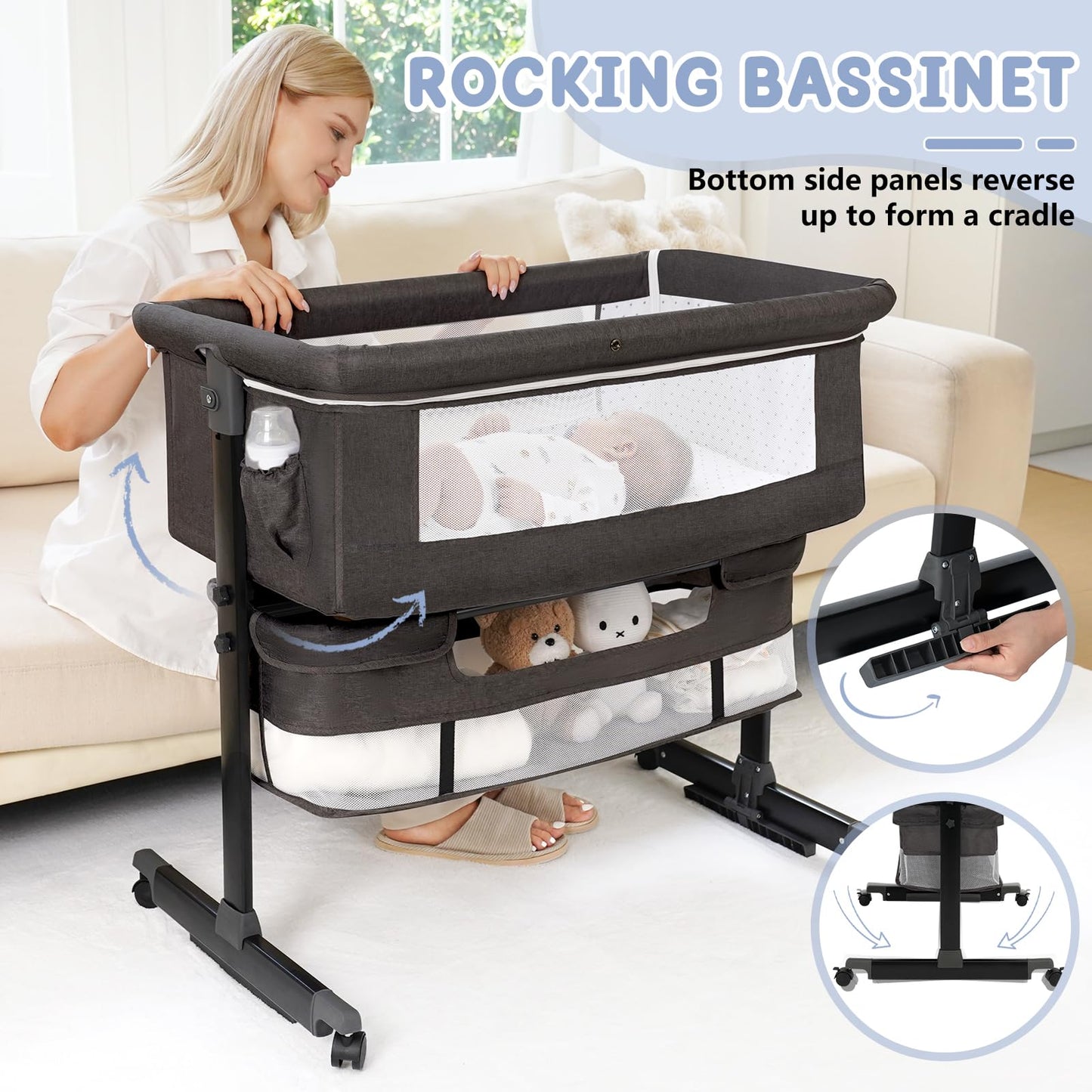SEMPHIS Baby Bassinet 3 in 1 Bedside Sleeper with Wheels