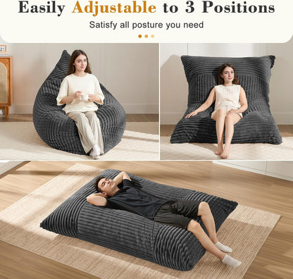 3-in-1 Giant Bean Bag Chair for Adults & Kids, Convertible Floor Sofa to Mattress, Memory Foam Beanbag Chair with Washable Cover, Multi Functional Lounge Couch for Bedroom, Living Room (Dark Grey)