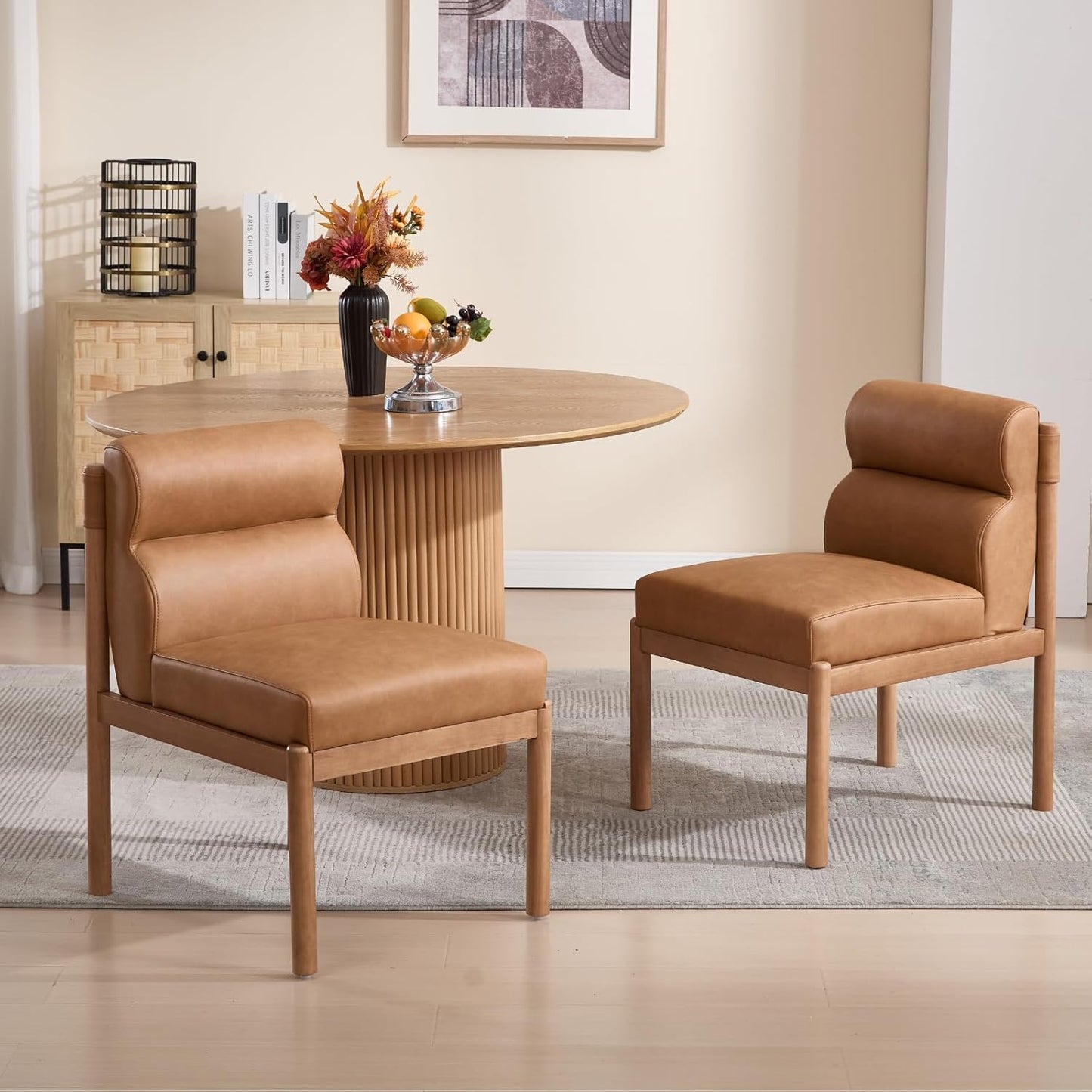 CIMOTA Modern Upholstered Dining Chairs Set of 6, Faux Leather Kitchen & Dining Room Chairs Boucle Armless Side Chairs with Curved Backrest/Solid Wood Legs, PU Brown