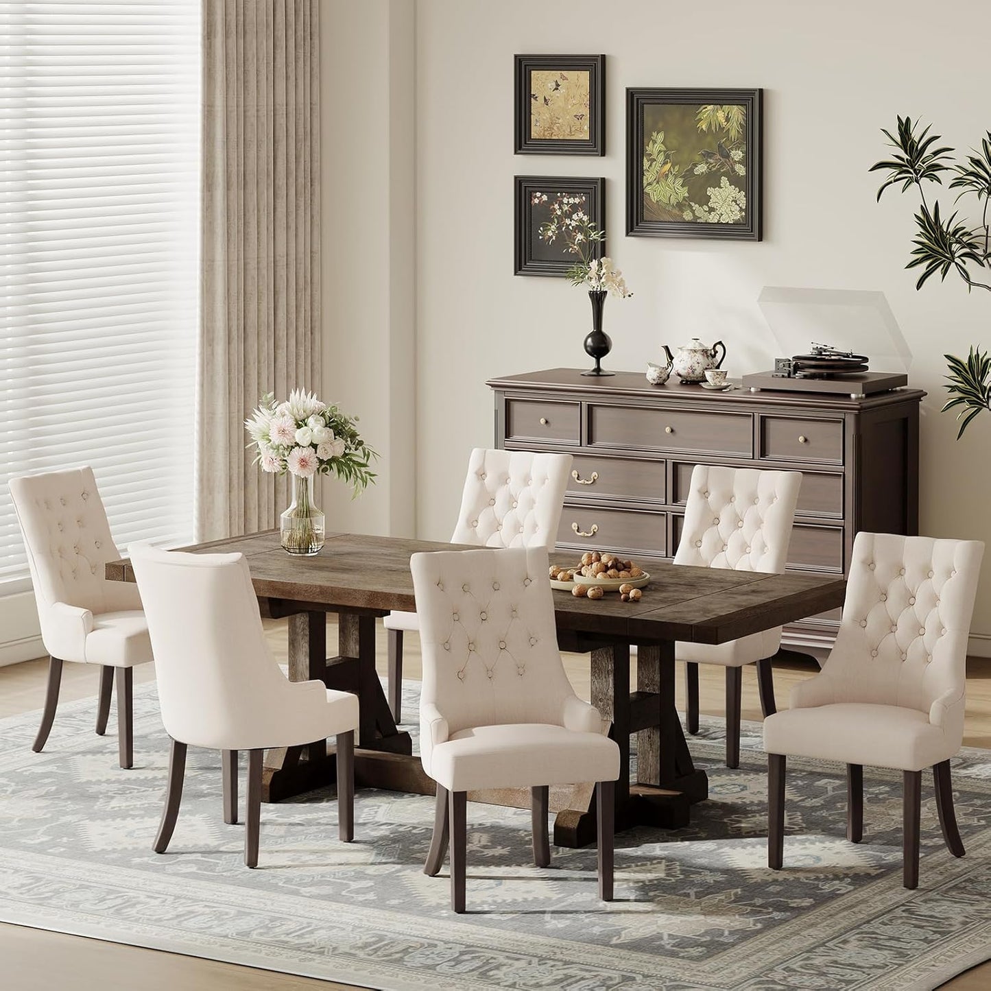 COLAMY Fabric Side Dining Chairs Set of 6, Wingback Upholstered Dining Room Chairs with Tufted Button, Living Room Chairs for Home Kitchen, Beige