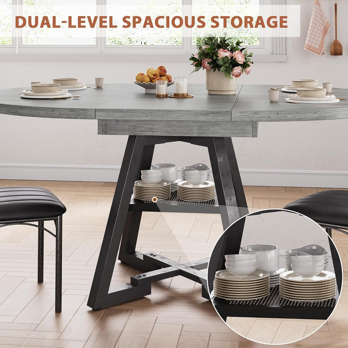 43''-57'' Extendable Round Dining Table for 4-6, Modern Industrial Kitchen Oval Dining Table with Removable Leaves, Space Saving Pedestal Base with Storage Shelf for Kitchen Living Room (Grey)