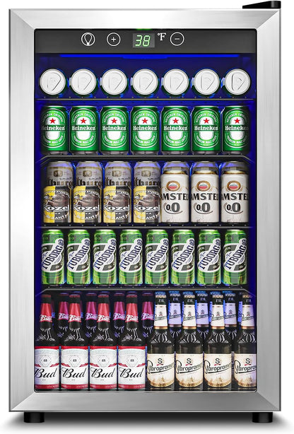 Feelfunn 4.5 Cu.Ft Beverage Refrigerator Cooler - 145 Can Mini Fridge Glass Door for Soda Beer Wine, Small Refrigerator for Bedroom Office Home Bar, 4 Adjustable Shelves, Silver