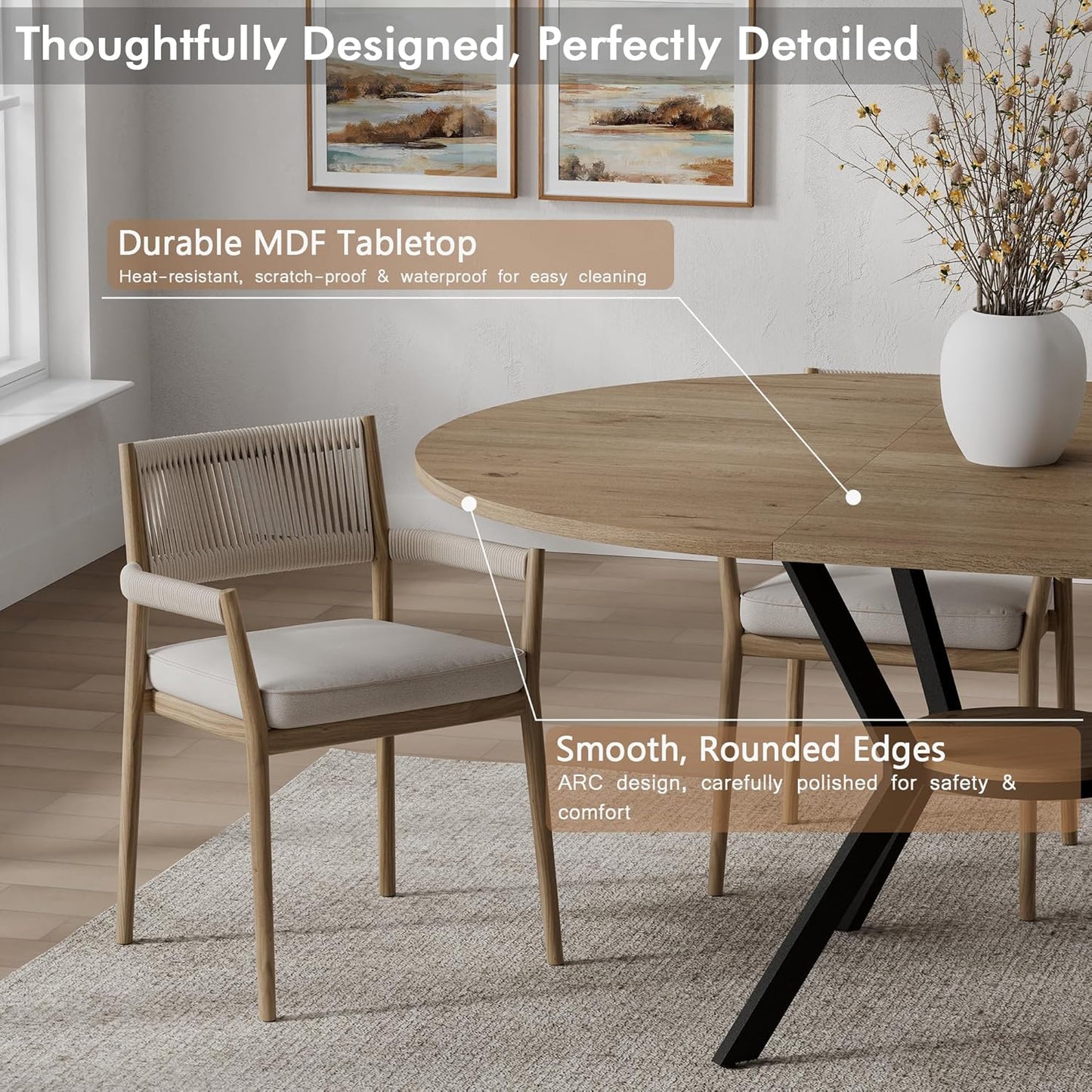 42"-58" Extendable Round Dining Table with Built-in Flip Leaf, Modern Oval Kitchen Table for 4-6, Space-Saving Small Room Furniture with Storage Shelf and X-Shaped Metal Base
