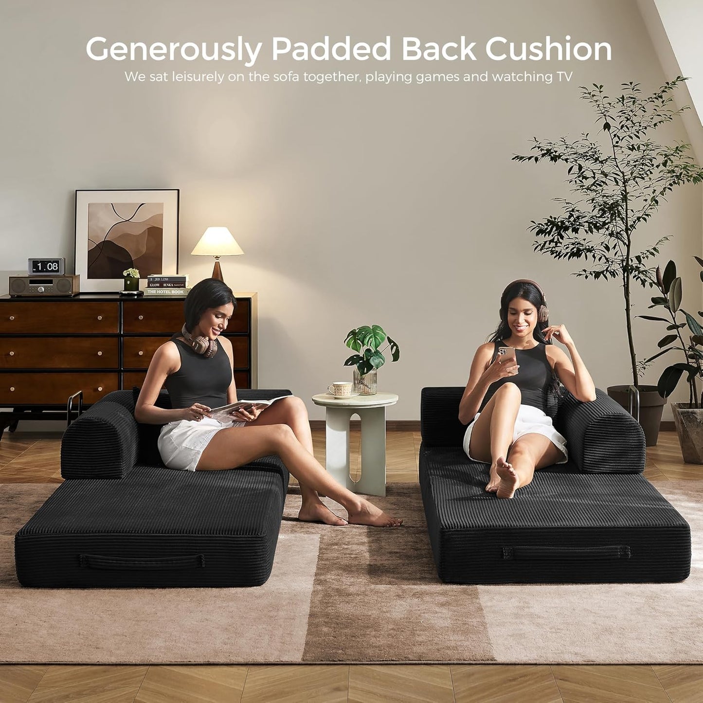 79" Convertible Sofa Bed with Fixed-Shape Frame & Removable Armrests, Modular Corduroy Sleeper Sofa, Folding Mattress Couch for Small Spaces - No Assembly Needed in Black (Includes 2 Pillows)
