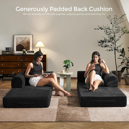 79" Convertible Sofa Bed with Fixed-Shape Frame & Removable Armrests, Modular Corduroy Sleeper Sofa, Folding Mattress Couch for Small Spaces - No Assembly Needed in Black (Includes 2 Pillows)